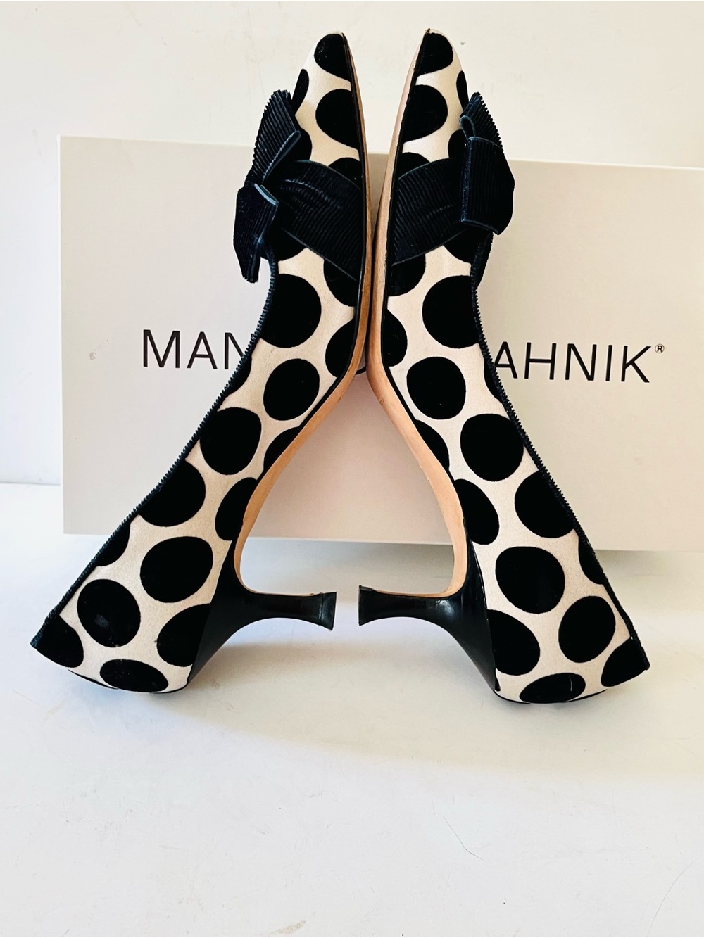 Manolo Blahnik black white polka dot heels